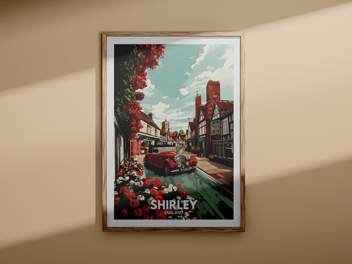 Shirley England Tudor Street Red Classic Car Vintage Travel Poster - Image 3