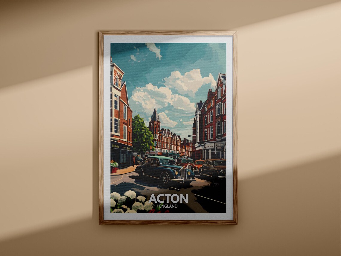 Acton England Illustrated Town Travel Poster Vintage Car Street Scene - Image 3