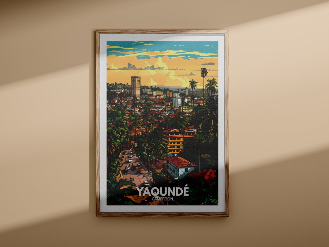 Yaounde Cameroon Tropical City Palm Trees Sunset Travel Poster - Image 3