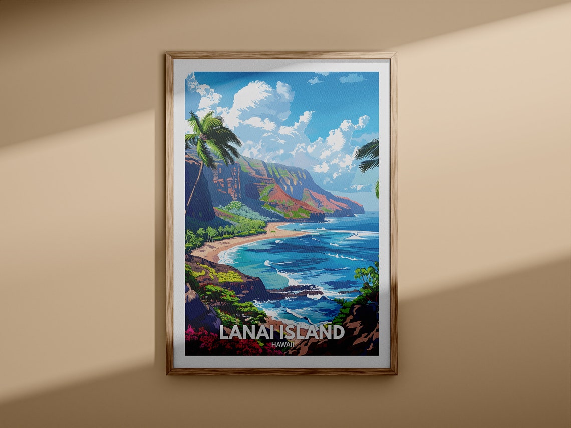 Lanai Island Hawaii Tropical Beach Palm Trees Scene Travel Poster - Image 3
