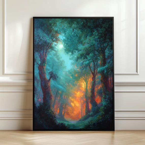 Mystic Forest Light Wall Art Enchanted Woodland Landscape Print Dreamy Nature Painting Magical Decor Digital Download