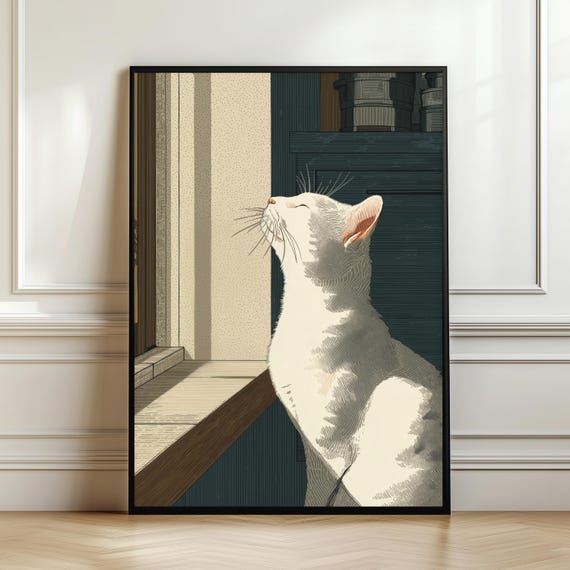 Vintage White Cat Poster Elegant Japanese Style Print Cozy Window Scene Wall Art Japandi Decor Gift Digital Download