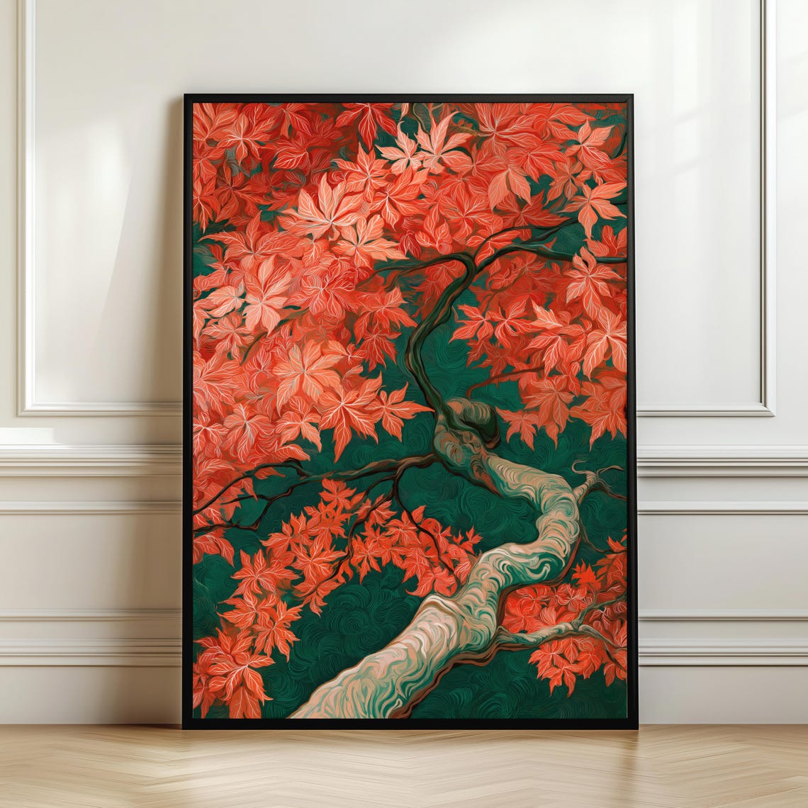Red Japanese Maple Tree Branches Emerald Autumn Woodblock Wall Art