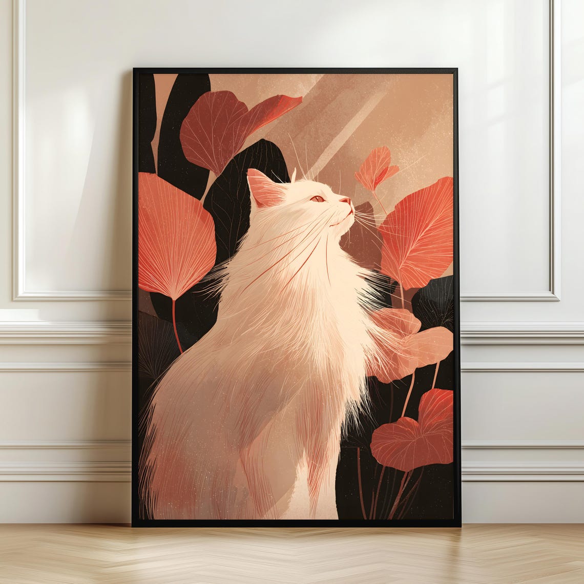 Elegant White Cat Poster Botanical Print Cozy Aesthetic Decor Modern Nature Art Lover Gift Digital Download