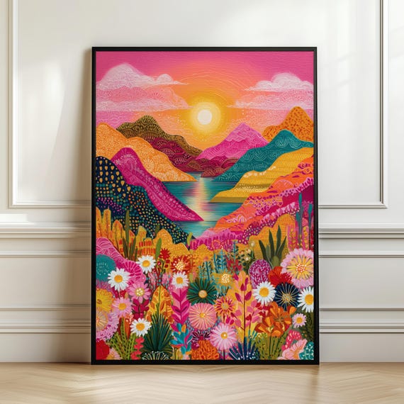 Spring Landscape Wall Art Colorful Floral Meadow Poster Bright Boho Nature Print Decor Vibrant Flower Gift Digital Download