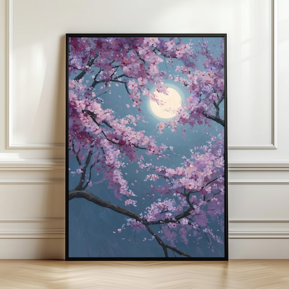 Moonlit Cherry Blossom Wall Art Japanese Night Sakura Print Floral Tree Illustration Blue Pink Decor Zen Nature Gift Digital Download