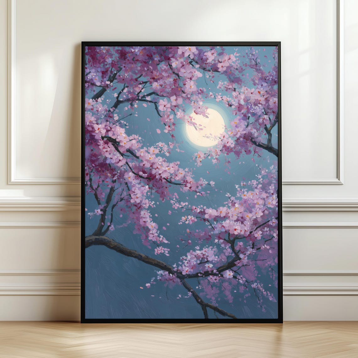 Moonlit Cherry Blossom Sakura Branches with Full Moon Night Poster