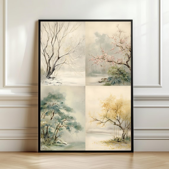Japanese Four Seasons Wall Art Sakura Zen Tree Illustration Wabi Sabi Nature Print Minimal Decor Gift Digital Download