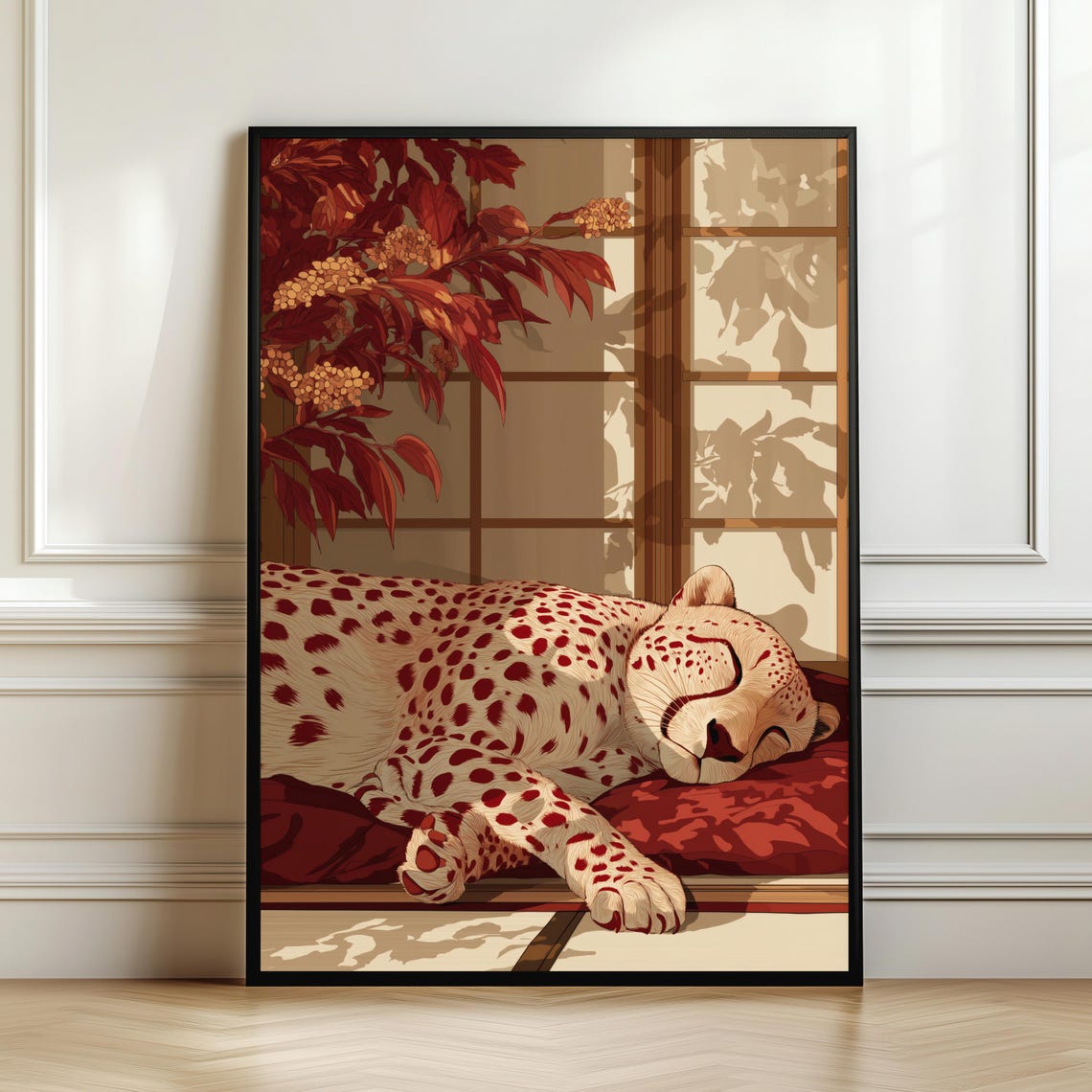 Sleeping Leopard Wall Art Japanese Style Big Cat Poster Cozy Animal Print Elegant Japandi Decor Luxury Gift Digital Download