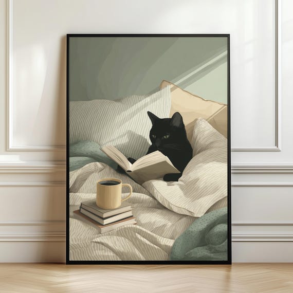 Black Cat Reading Book Poster Lover Wall Art Gift Illustration Print Hygge Home Decor Coffee Artwork Digital Download