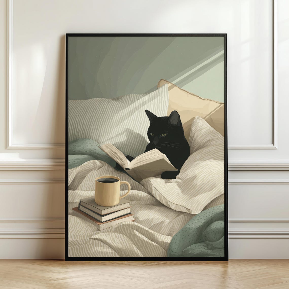 Black Cat Reading Book Poster Lover Wall Art Gift Illustration Print Hygge Home Decor Coffee Artwork Digital Download