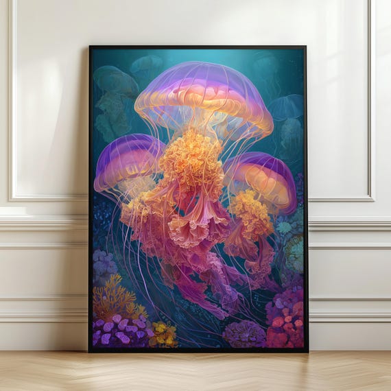 Glowing Jellyfish Wall Art Bioluminescent Ocean Decor Colorful Underwater Fantasy Print Coral Reef Artmarine Life Gift Digital Download