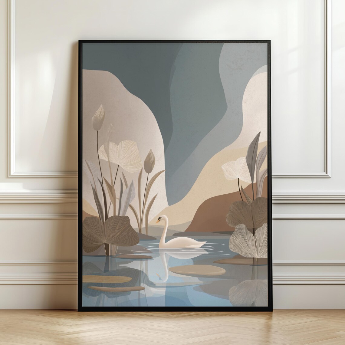 Minimal Swan Lake Neutral Landscape Calm Nature Abstract Modern Wall Art