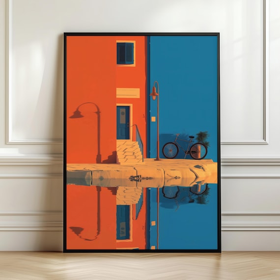 Bold Orange and Blue Mediterranean Building Minimalist Wall Art