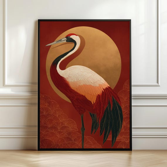 Crane Bird Wall Art Print Japanese Modern Nature Poster Elegant Red Decor Organic Luxury Artworkcontemporary Gift Digital Download