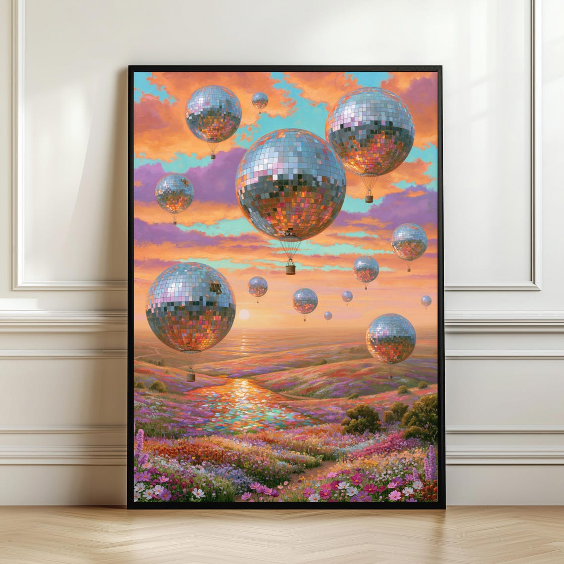 Disco Balloon Hot Air Balloons Sunset Surreal Floating Mirror Poster