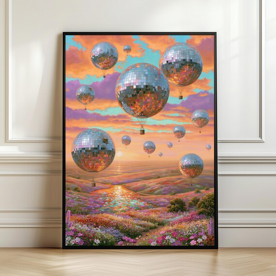 Disco Balloon Hot Air Balloons Sunset Surreal Floating Mirror Poster