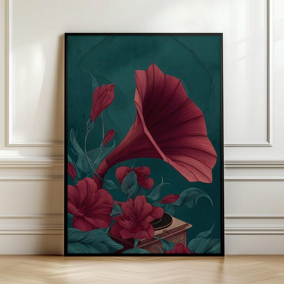 Vintage Gramophone Floral Wall Art Red Flowers Music Illustration Romantic Antique Poster Elegant Teal Burgundy Digital Download