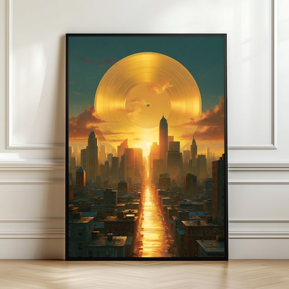 Golden Vinyl Record Wall Art Sunset Cityscape Print Luxury Music Decor Retro Skyline Poster Lover Gift Digital Download