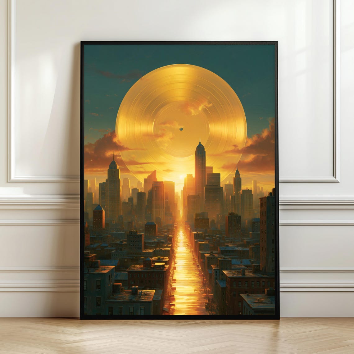 Golden Vinyl Record Over Glowing City Skyline Music Room Poster
