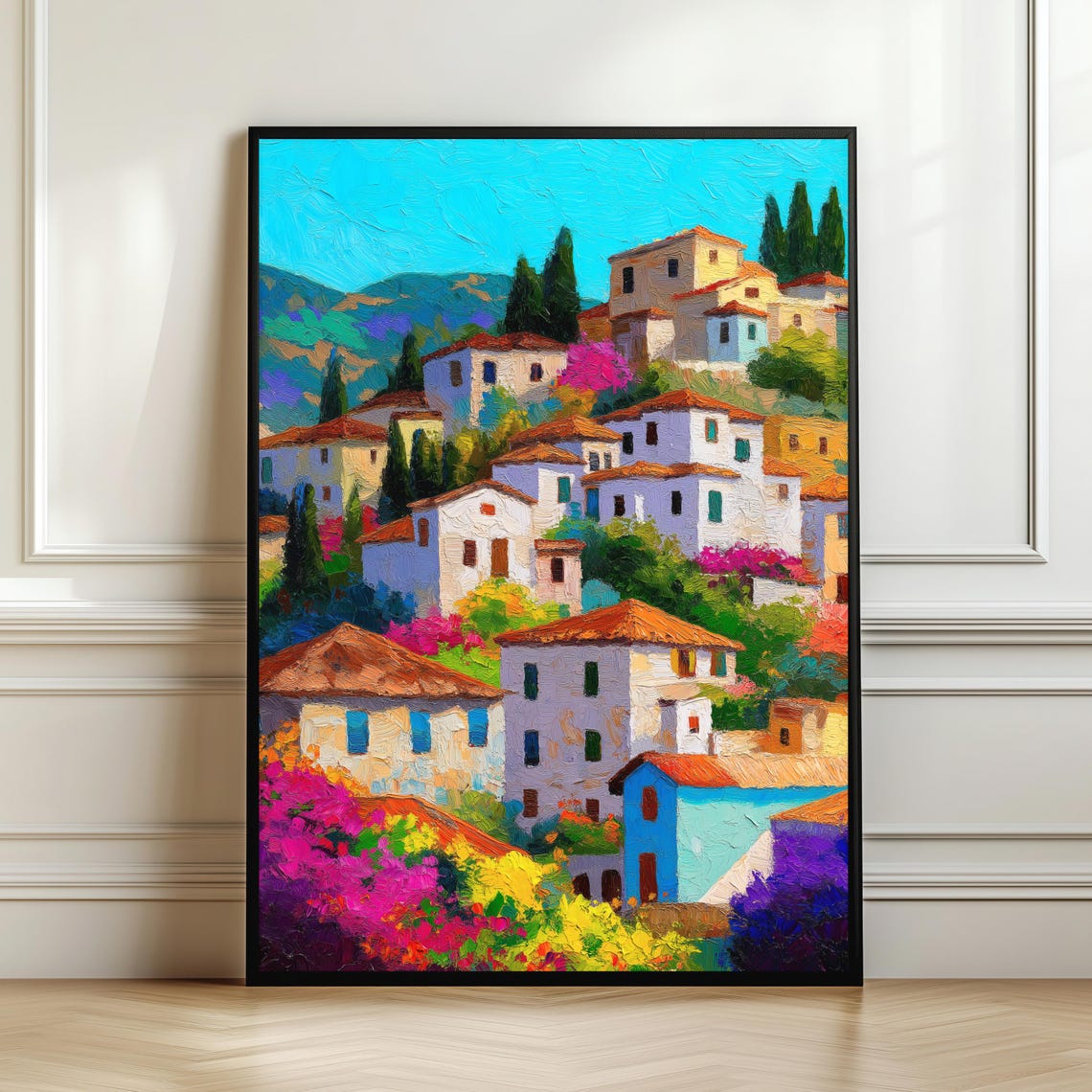 Colorful Mediterranean Hill Village Whitewashed Houses Poster