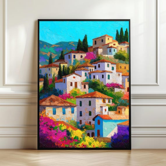 Colorful Mediterranean Village Wall Art Island Landscape Poster Amalfi Coast Style Painting Vibrant Decor Digital Download