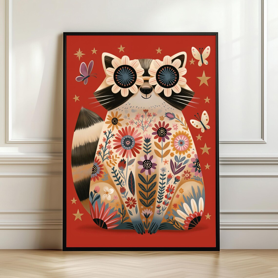 Whimsical Floral Raccoon Red Folk Art Flower Glasses Animal Wall Art