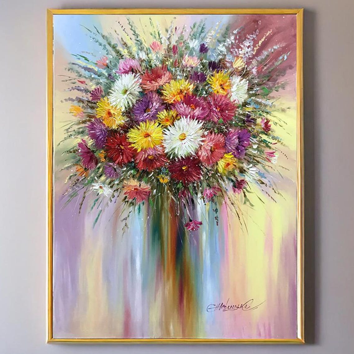 Bright Flowers Painting On Abstract Flower Bouquet Painting Original Dahlia Flower Art Abstract Floral Wall Art Dahlia Oil Painting - Image 3