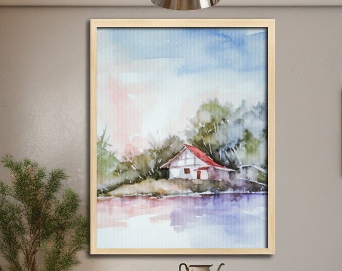Calm Hut On Lake, Watercolor Boho Style