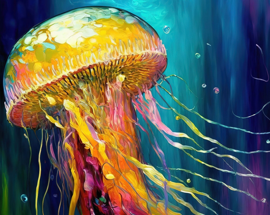 Colorful Jellyfish Glowing Tentacles Teal Ocean Dreamy Art Poster - Image 5