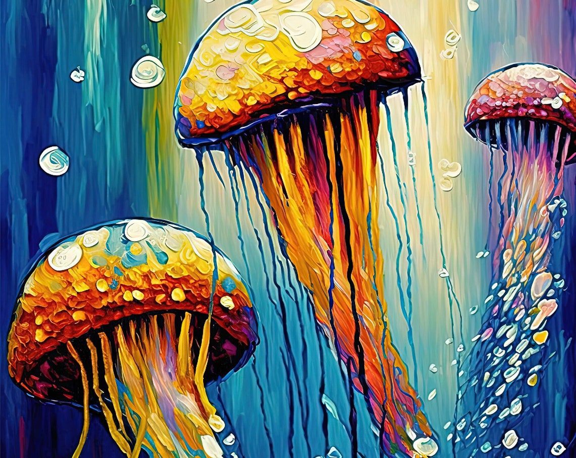 Three Jellyfish Golden Tentacles Deep Blue Ocean Dreamy Art Poster - Image 5