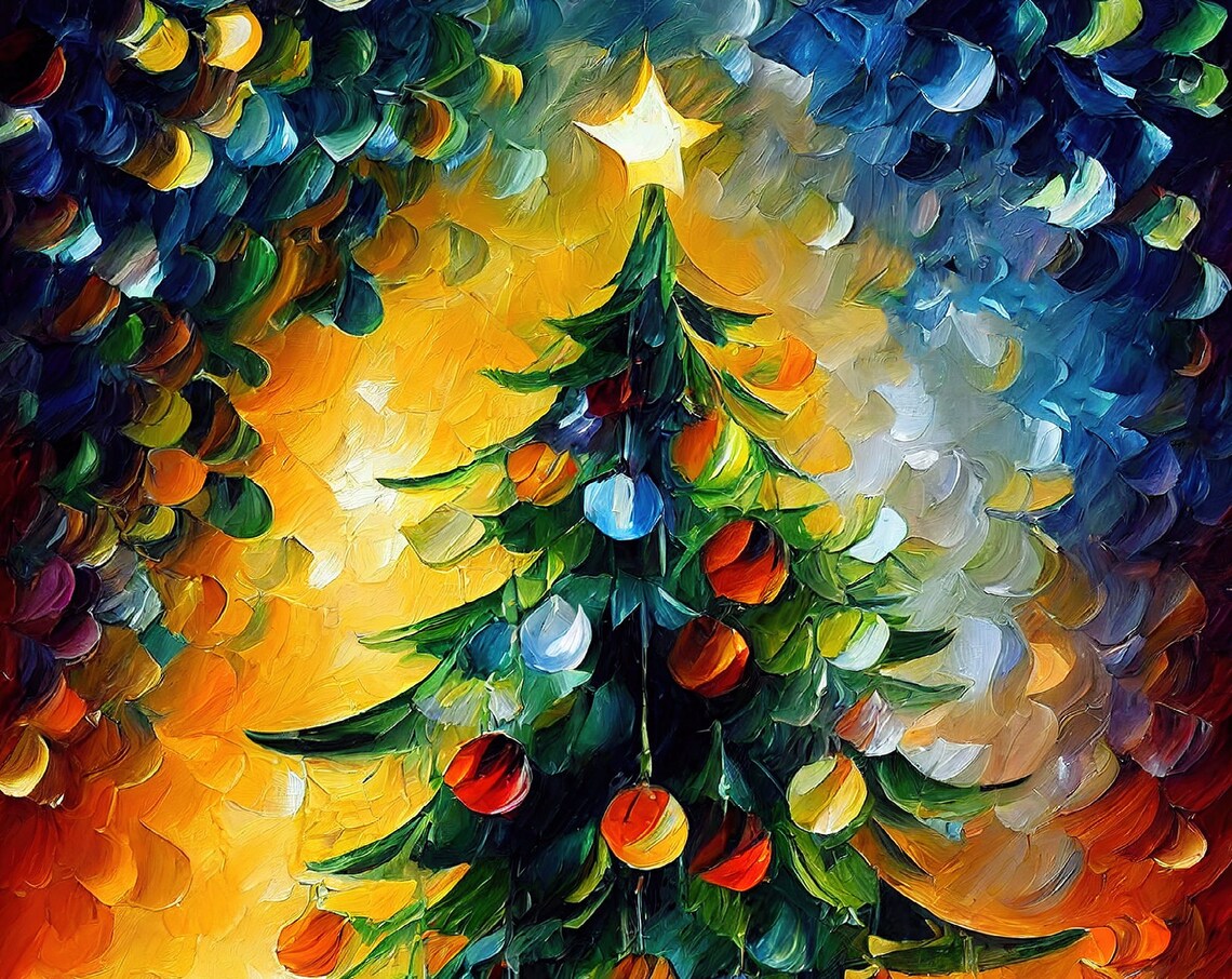 Christmas Tree Ornaments Star Colorful Impasto Holiday Art Poster