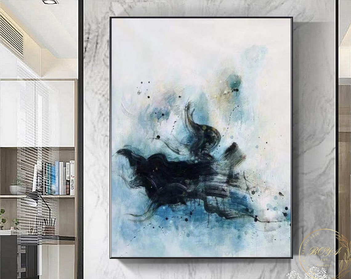 Horizontal Dark Ink Wash on White and Blue Abstract Artwork Poster