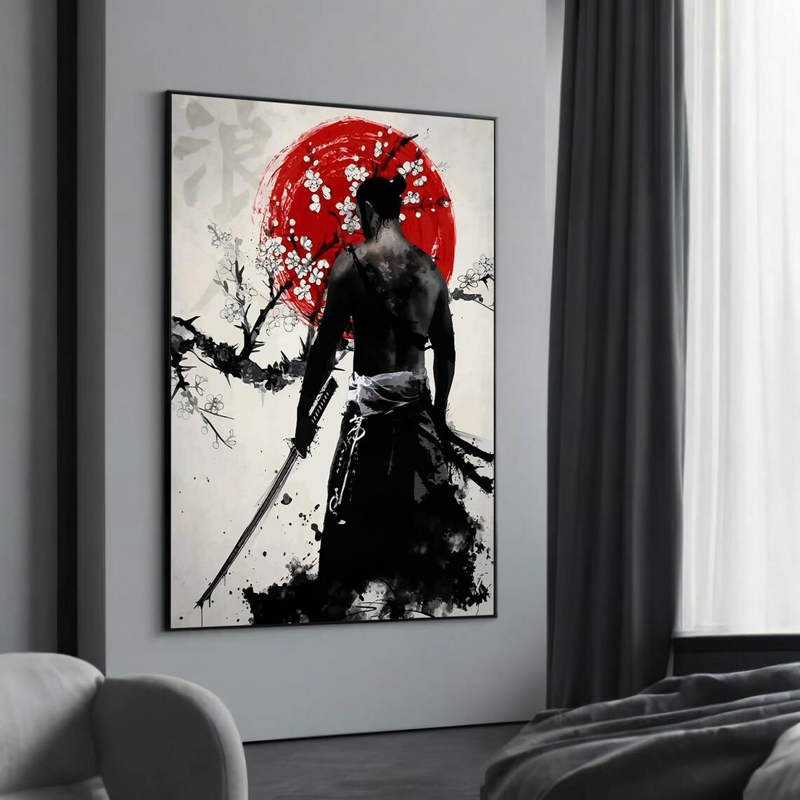 Samurai Warrior With Katana Red Sun And Cherry Blossom Poster