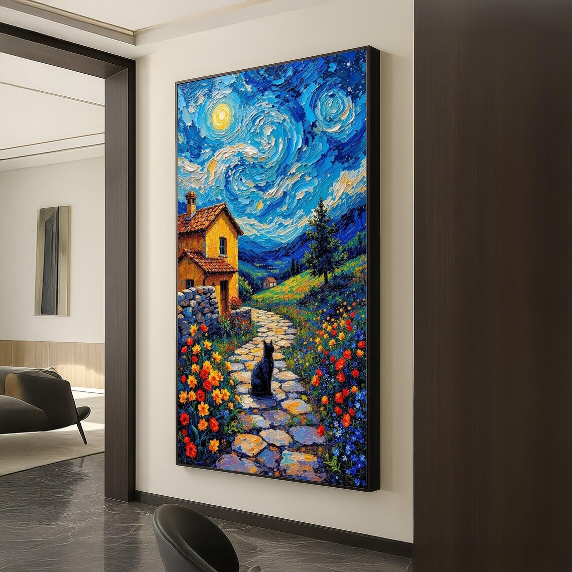 Starry Night Style Cottage Path Black Cat Swirling Impasto Sky Art Poster