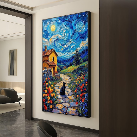 Starry Night Style Cottage Path Black Cat Swirling Impasto Sky Art Poster