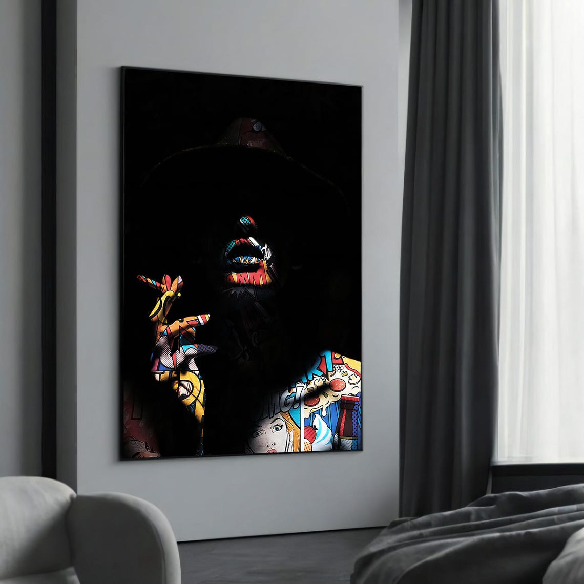 Dark Pop Art Silhouette Portrait with Comic Book Bursts Black Poster