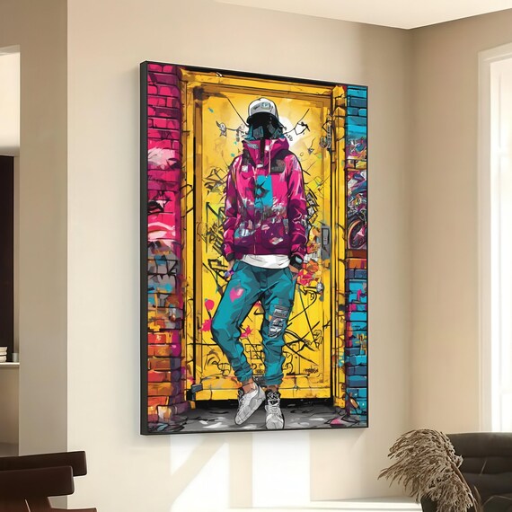 Graffiti Hoodie Figure Yellow Door Neon Brick Urban Art Poster