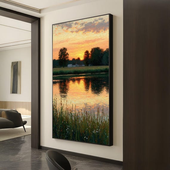Tranquil Sunset Reflection Canvas River Landscape Wall Art Serene Nature Scene Pastoral Home Dcor Painting Print