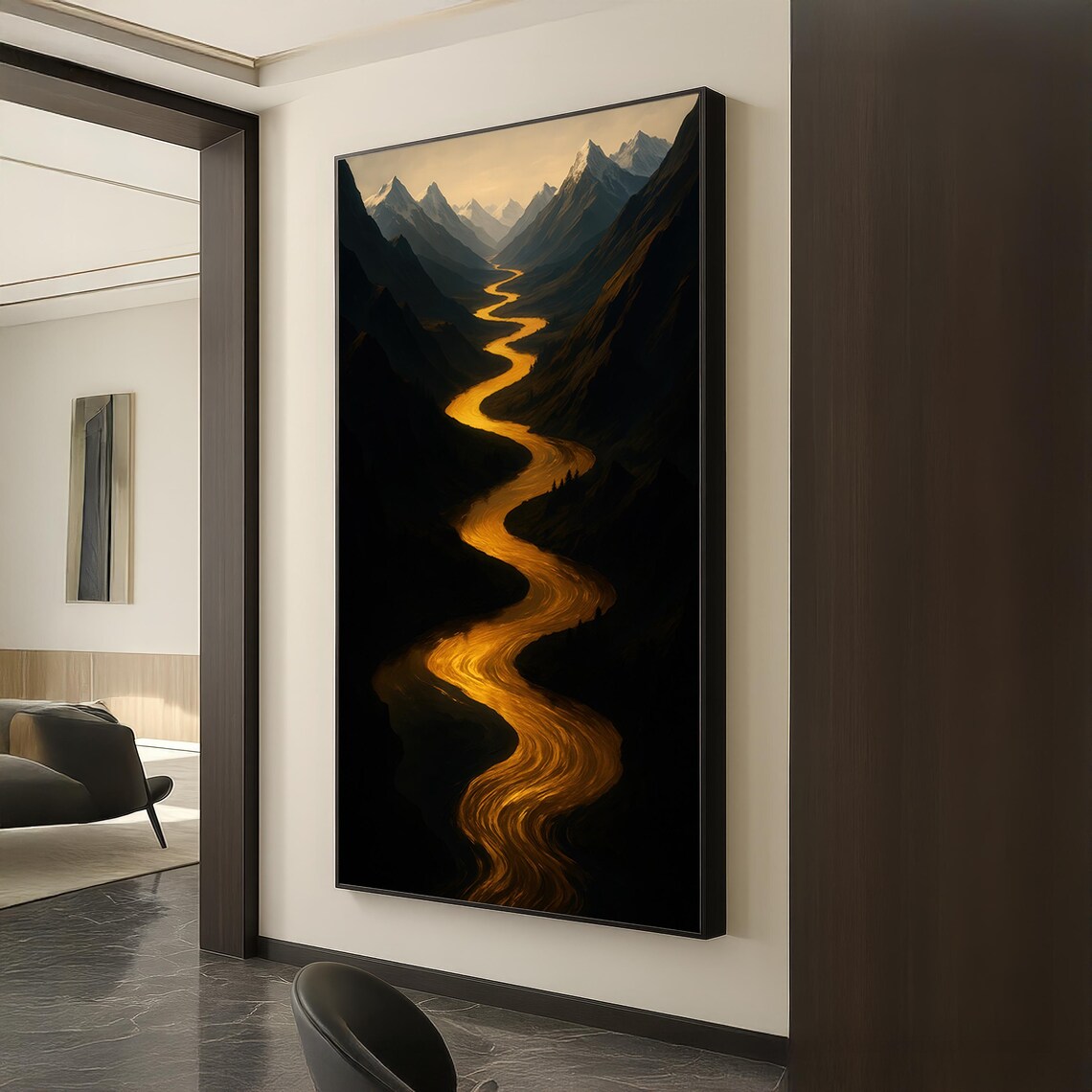 Golden River Winding Through Dark Mountain Valley Sunset Poster