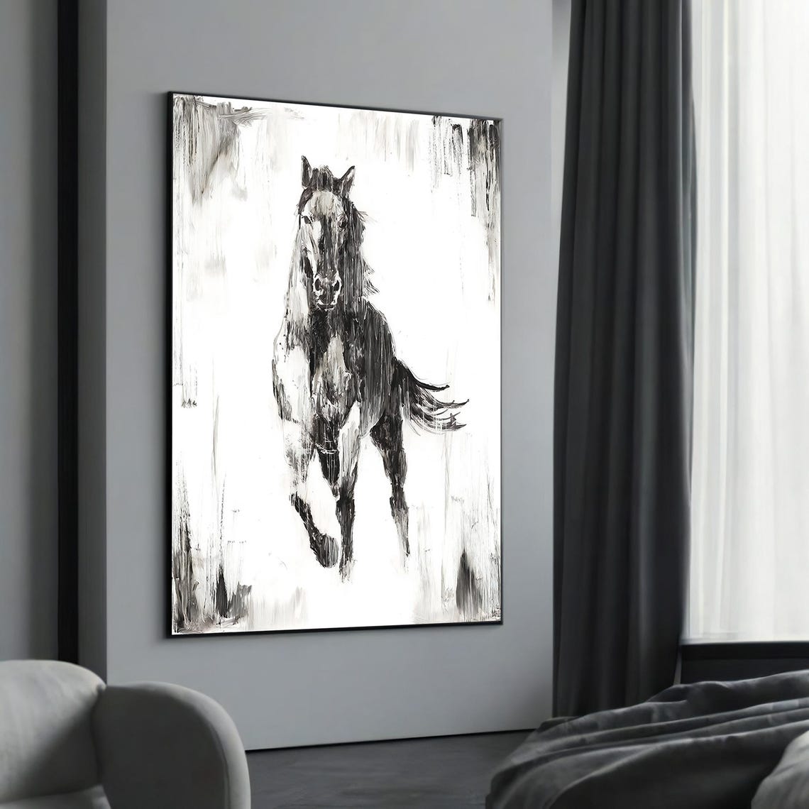 Running Black and White Horse Minimalist Bold Brushstroke Poster
