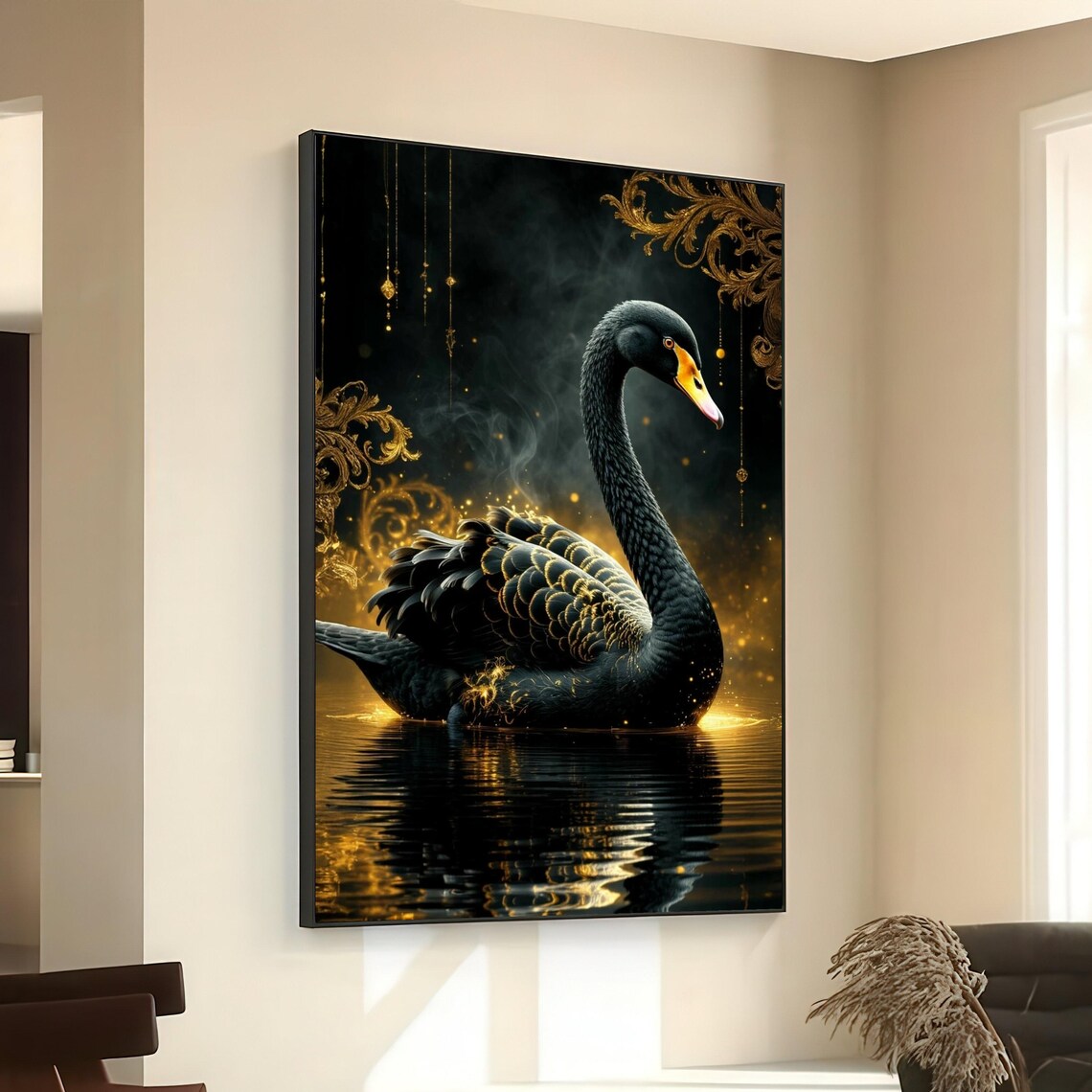Black Swan Golden Feathers Dark Water Elegant Bird Art Poster