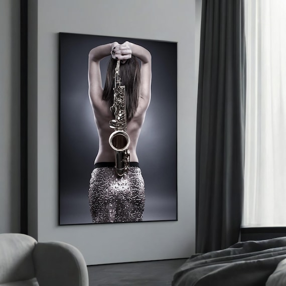 Elegant Saxophone Woman Jazz Music Black White Portrait Wall Art