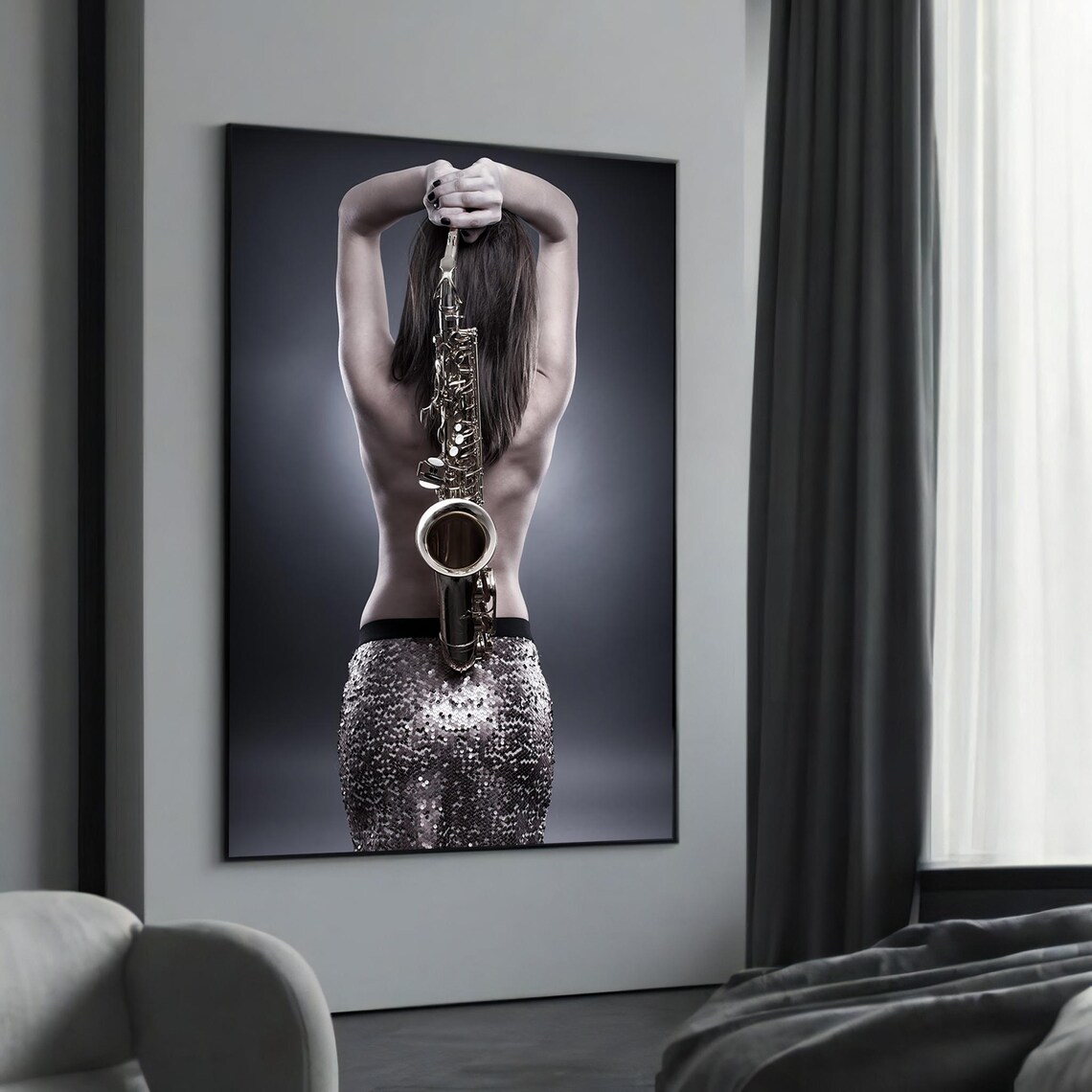 Elegant Saxophone Woman Jazz Music Black White Portrait Wall Art