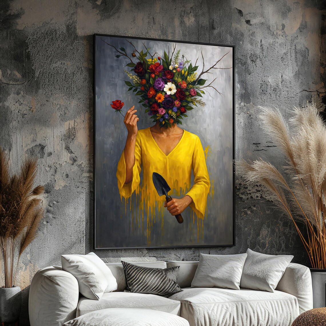Surreal Floral Woman Canvas Yellow Dress Modern Painting Botanical Mind Wall Art Feminine Symbolism Print For Living Room Decor