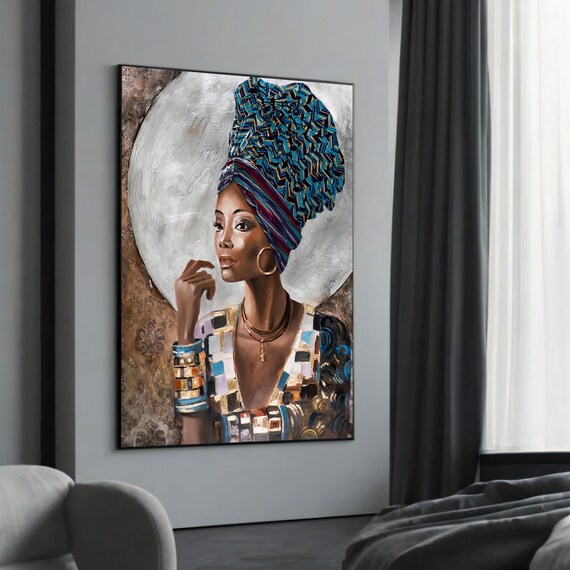Elegant African Woman With Blue And Gold Headwrap Painting Poster