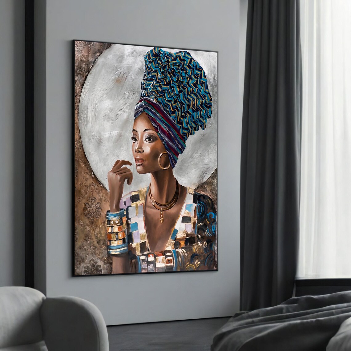 Elegant African Woman With Blue And Gold Headwrap Painting Poster