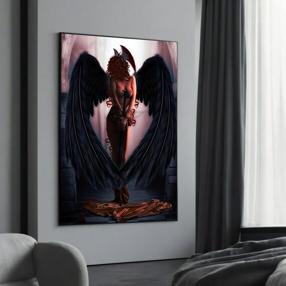 Dark Angel With Black Wings Gothic Fallen Angel Moonlit Art Poster