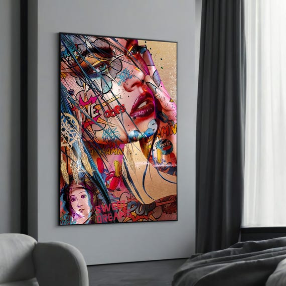 Vibrant Pop Art Woman Graffiti Canvas Painting A Bold And Colorful Urban Gift For Contemporary Street Culture Lovers