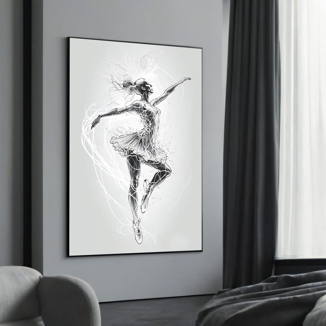 Abstract Ballerina Black White Line Sketch Modern Dance Art Poster